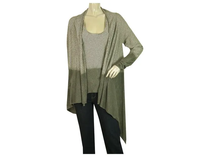 Autre Marque BP Studio Marrón Beige Rayas Tank Top Cardigan Cardi Algodón Lino Conjunto talla M Verde oscuro 
