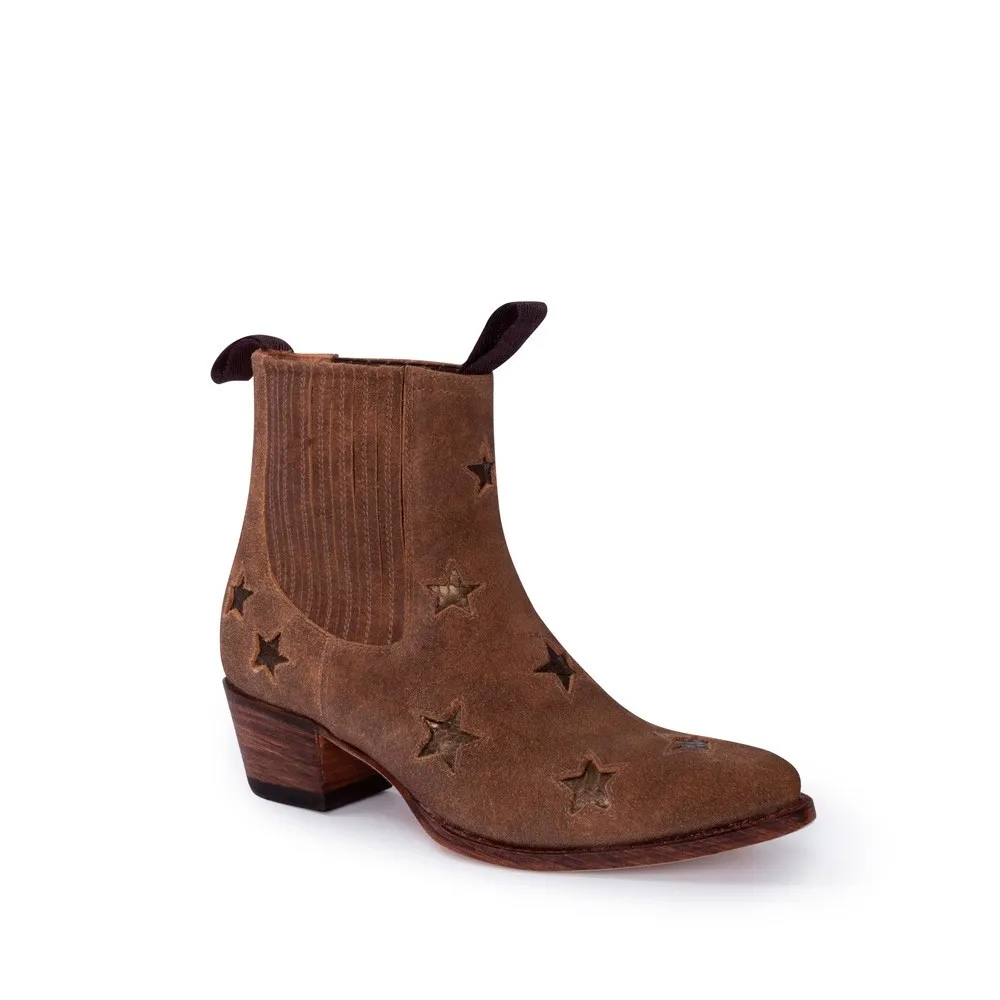 Botín Sendra 13698 Lia Moda para mujer en serraje marrón con estrellas bronce