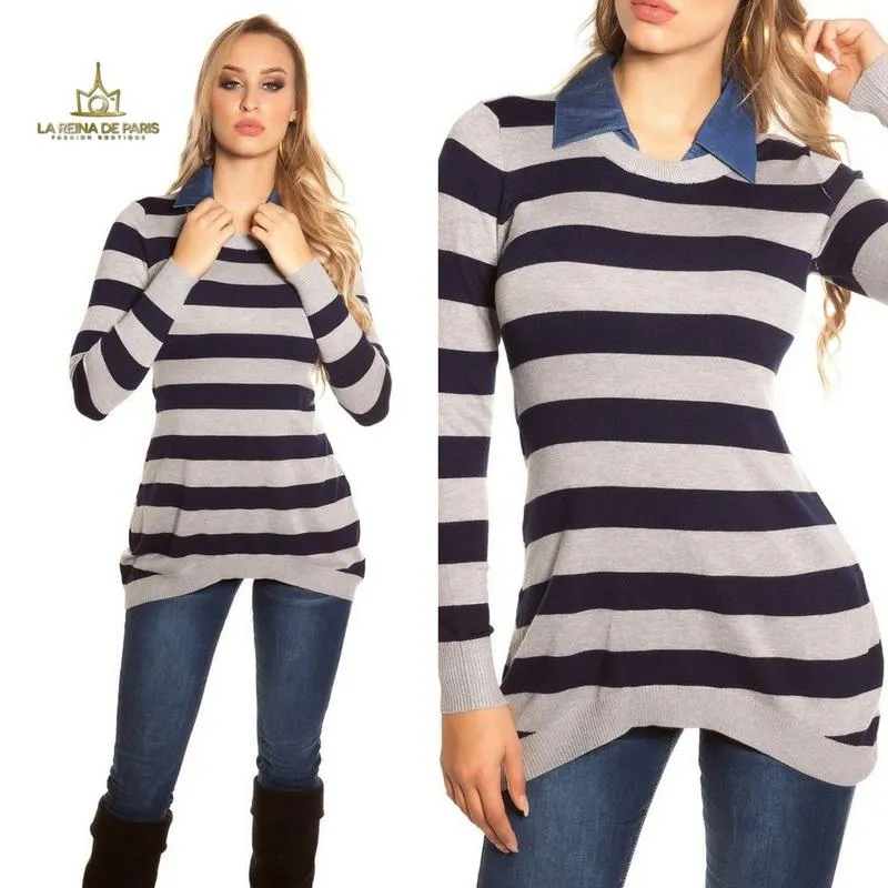 Jumper largo fashion con cuello de jean 