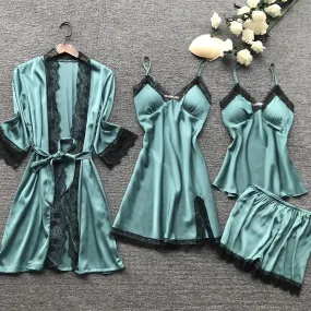 New stain black lace fashion women sleepwear with chest pad nightdress shorst cardigan set pajamas
