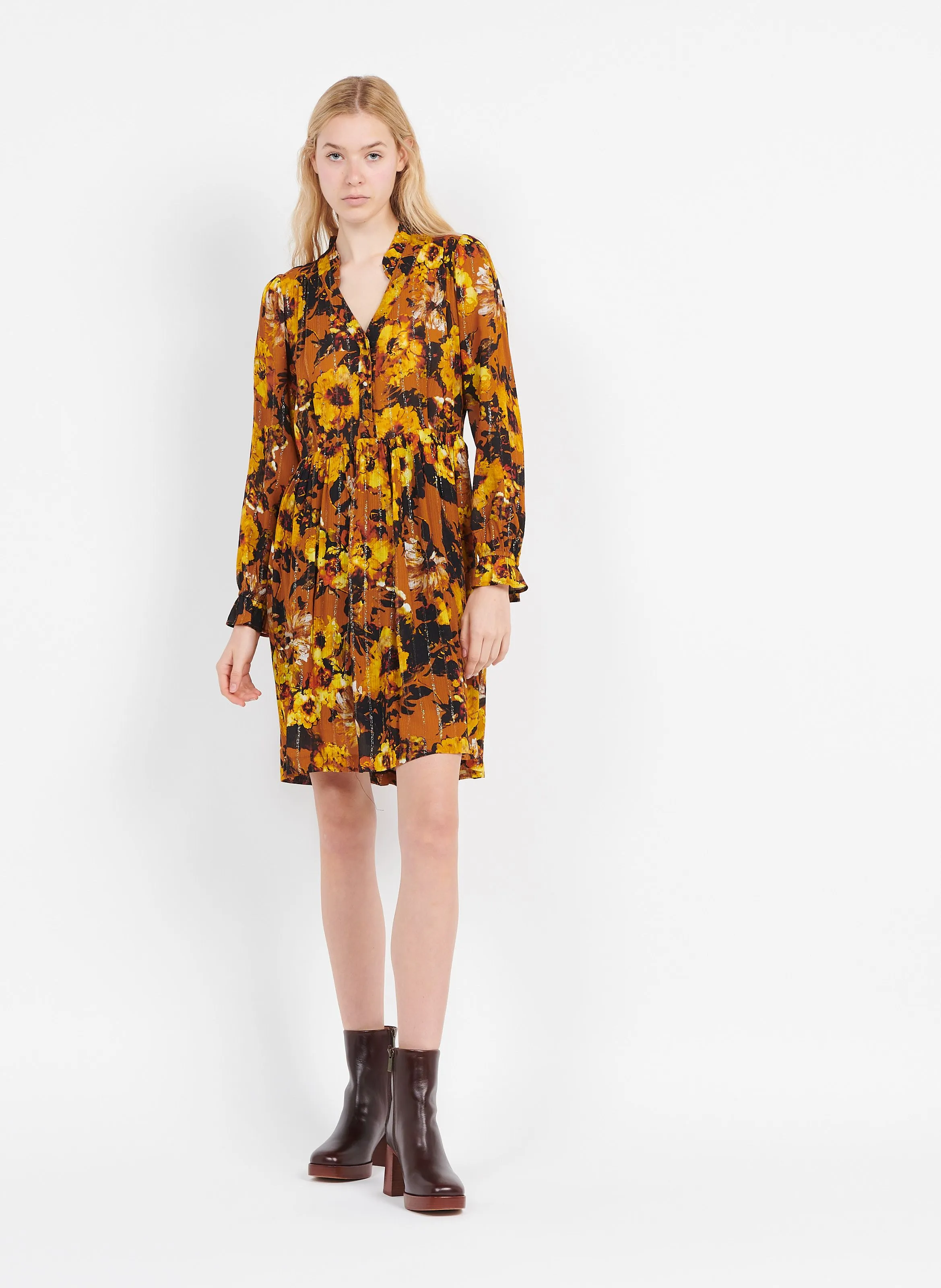 REALITE - Vestido corto con estampado de girasoles en amarillo
