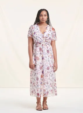 Vestido largo recto estampado con cuello de pico en blanco