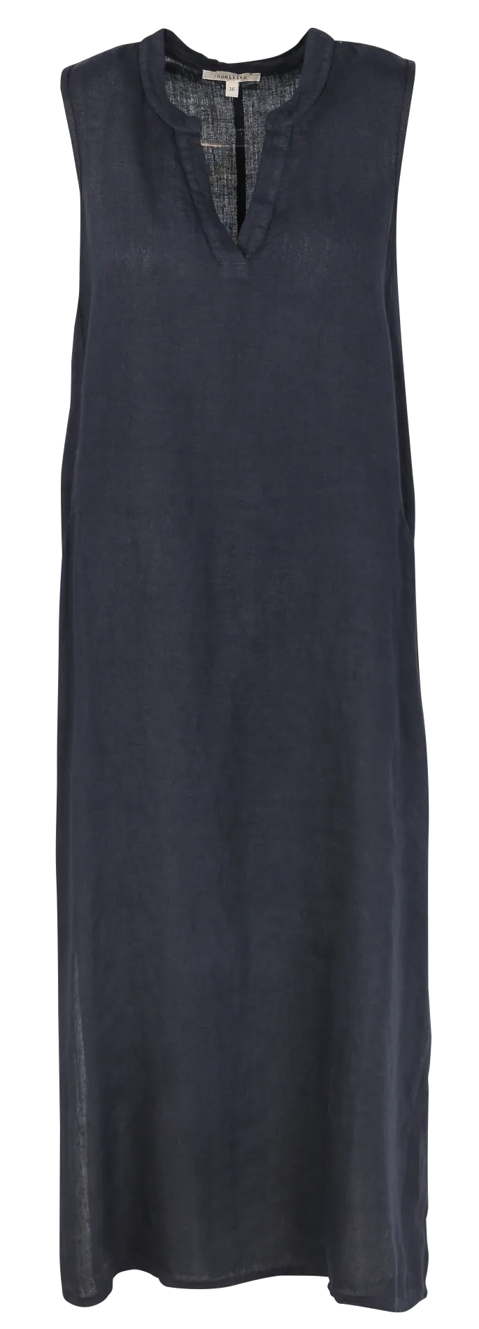 Vestido largo y holgado de lino con cuello de pico en azul
